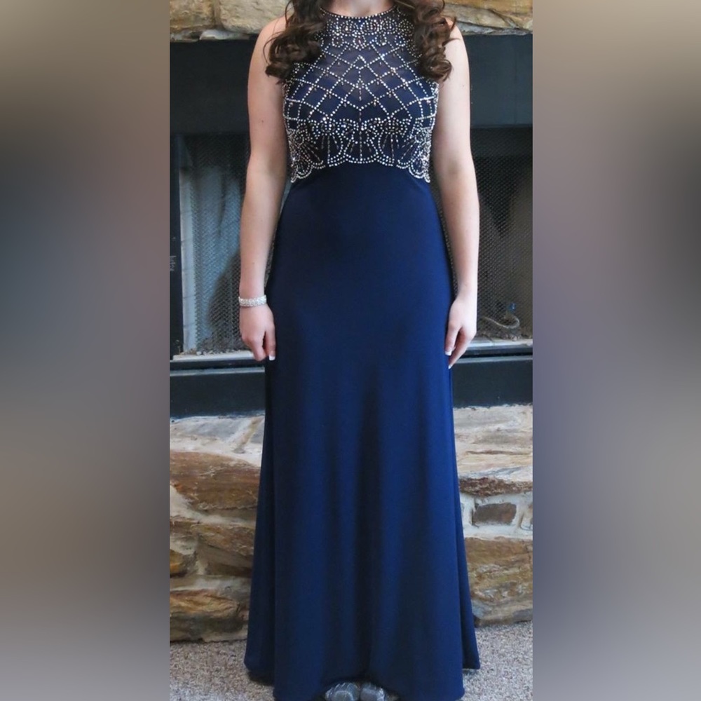 Navy Blue and Sliver Prom Dress